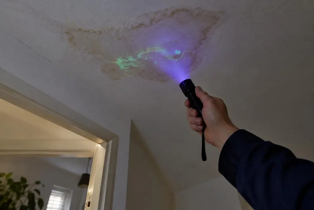 Lekdetectie Otterlo – kleurstof controleren op het plafond met uv-licht
