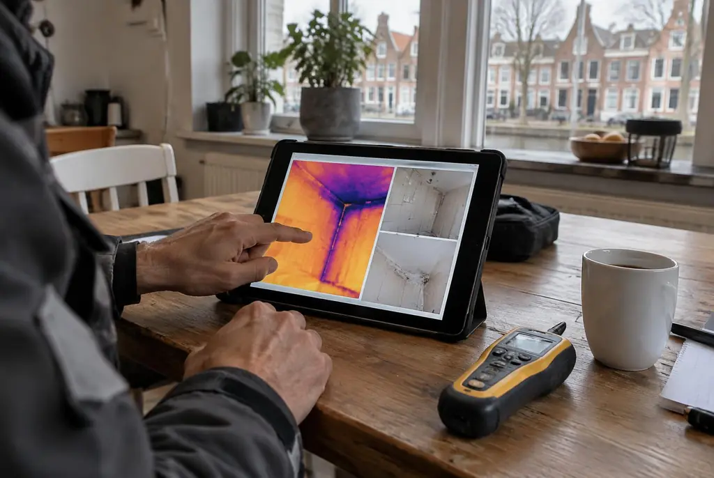 Lekdetectie Otterlo – lekdetectierapport met warmtebeelden en foto's op een tablet