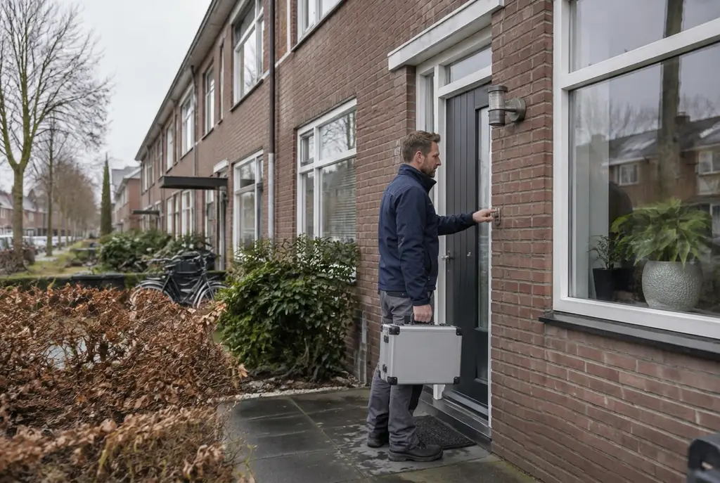 Lekdetectiespecialist met meetkoffer bij de voordeur van een woning in Otterlo